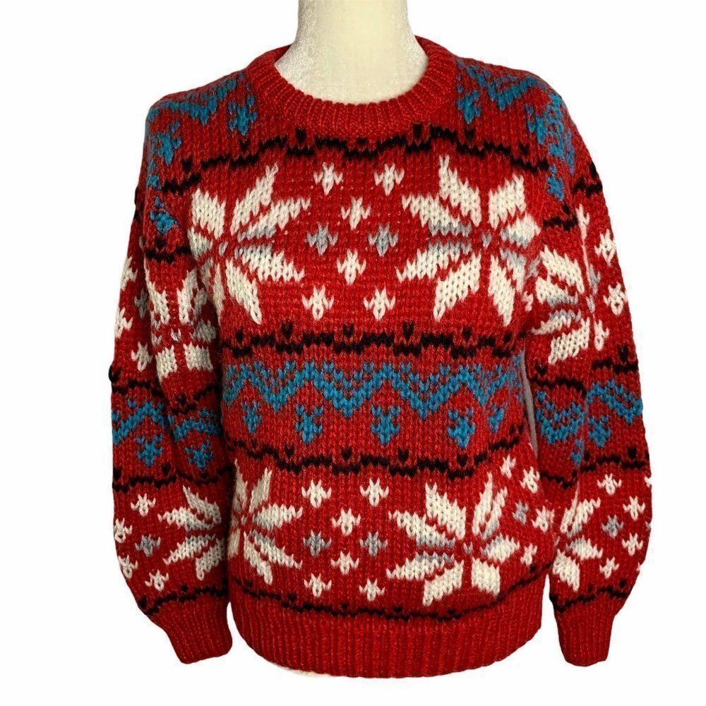 Chunky Hand Knitted Pullover Sweater M Red Acrylic